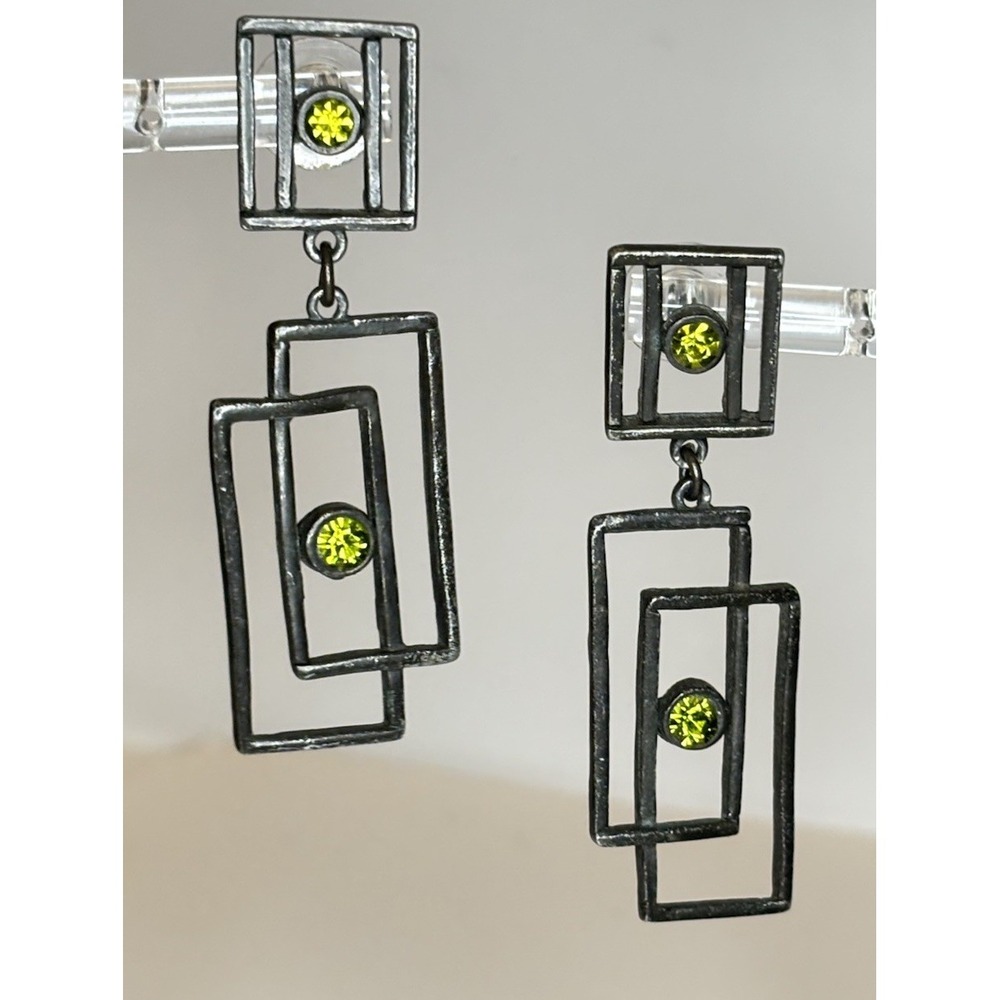 Modernist 2.5" Gunmetal Geometric Earrings Green Rhinestone Brutalist Dangle